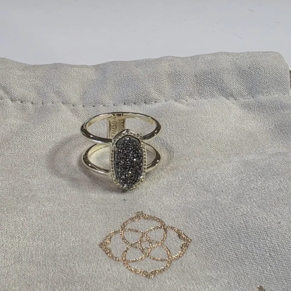 Kendra Scott Elisa Ring Gold Plated‎ Dark Gray Druzy Double Band Size 7
